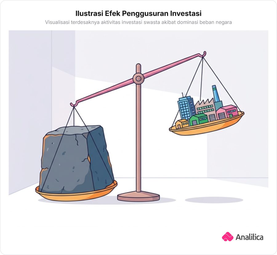 Ilustrasi timbangan beban ekonomi memperlihatkan beban pemerintah menekan dan mengangkat sektor swasta ke atas.