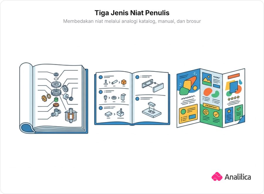 Tiga jenis dokumen: katalog suku cadang, buku manual perakitan, dan brosur promosi berwarna cerah.