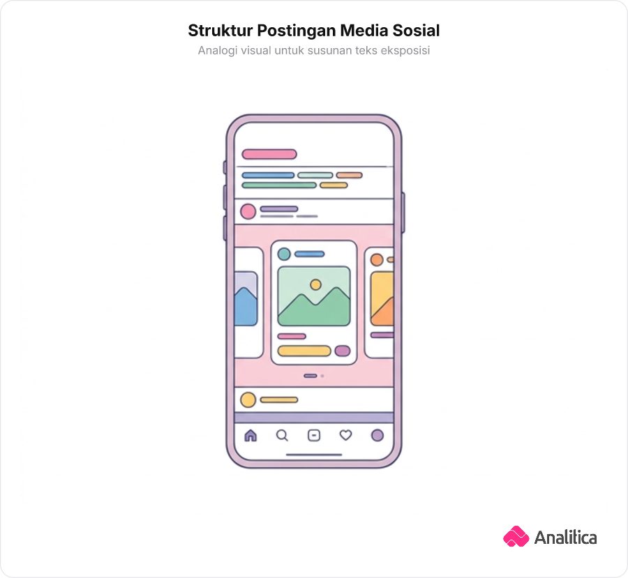 Ilustrasi antarmuka postingan media sosial di layar ponsel pintar dengan area teks utama di atas dan deretan bingkai kartu bukti di tengah.