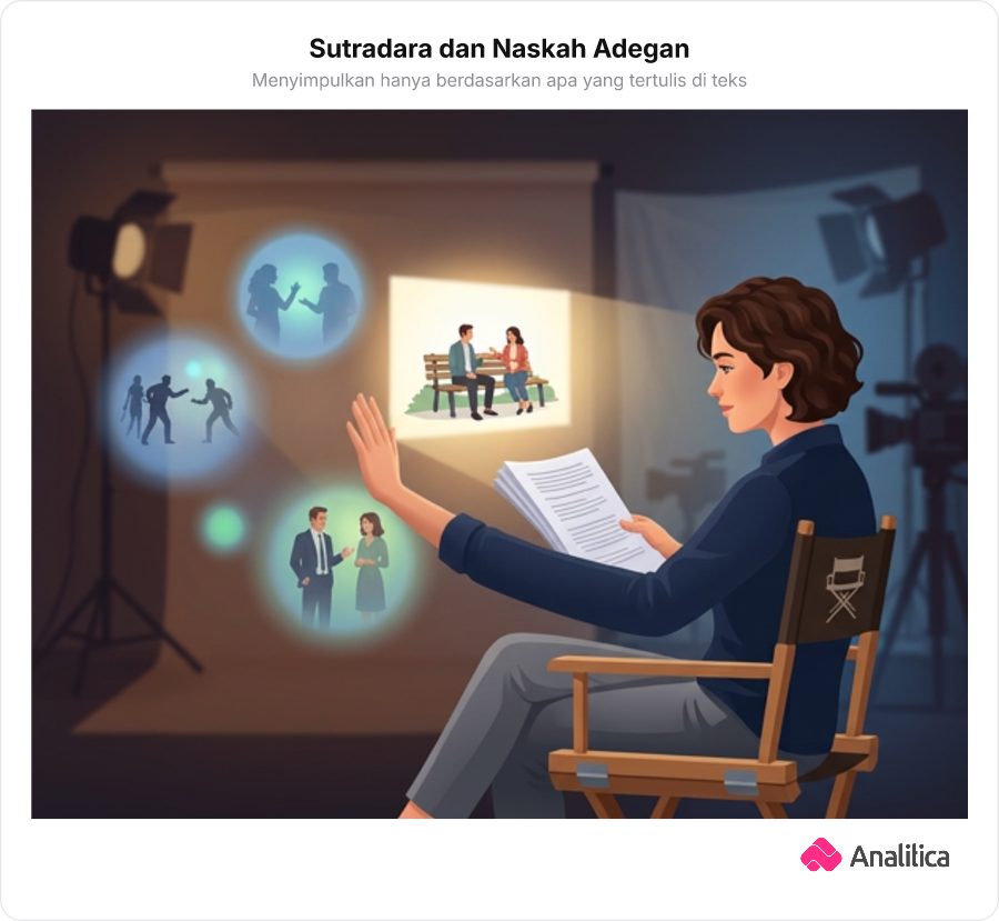 Ilustrasi sutradara film yang sedang memegang naskah dan fokus membayangkan adegan yang tertulis di kertas