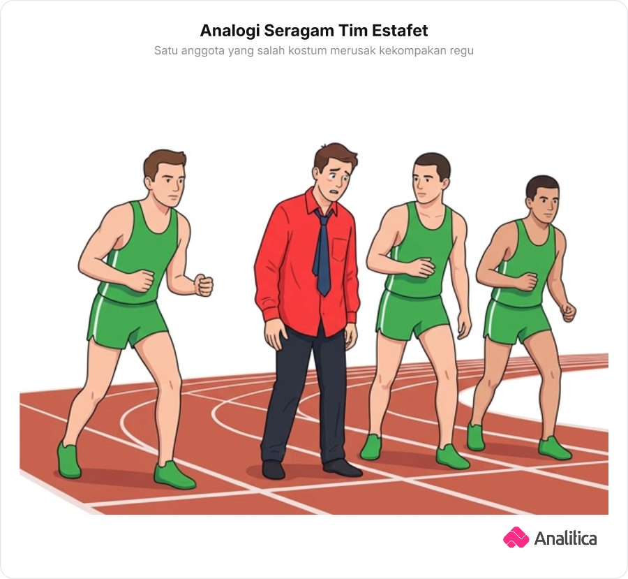 Ilustrasi empat pelari estafet di lintasan lari dengan satu pelari memakai pakaian yang tidak seragam.