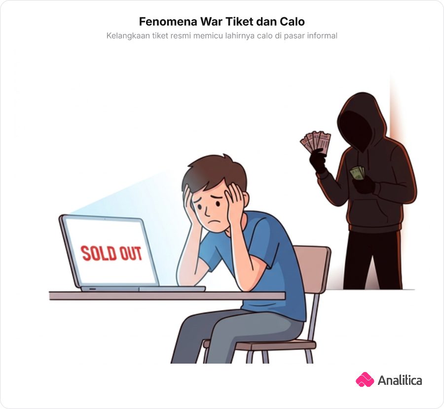 Ilustrasi seseorang di depan laptop yang menampilkan tulisan SOLD OUT besar saat war tiket konser, dengan bayangan calo memegang tiket di latar belakang.