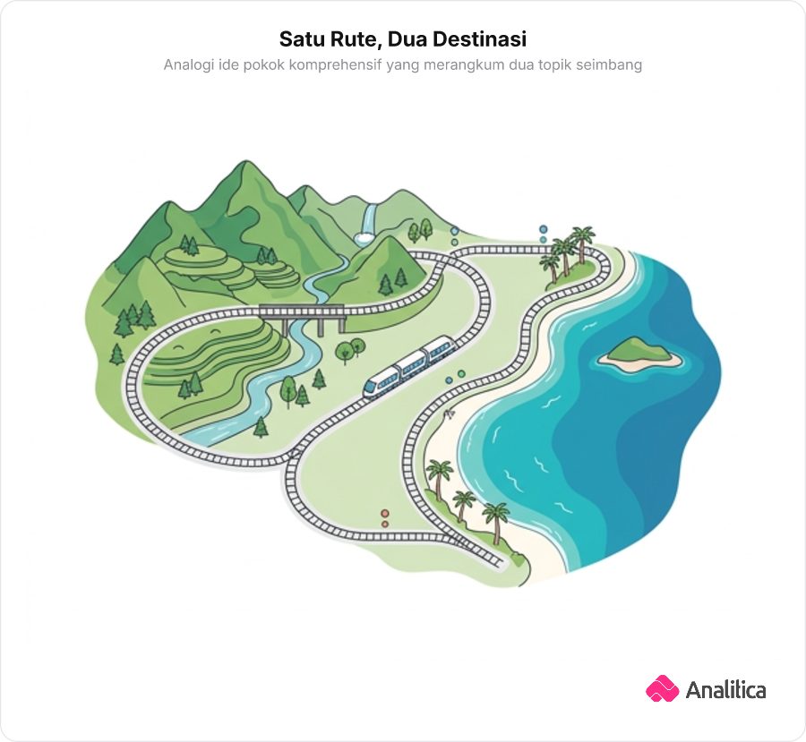 Ilustrasi peta rute perjalanan wisata panorama yang melingkupi dua destinasi utama berupa lanskap pegunungan dan pesisir pantai dalam satu kesatuan jalur perjalanan.
