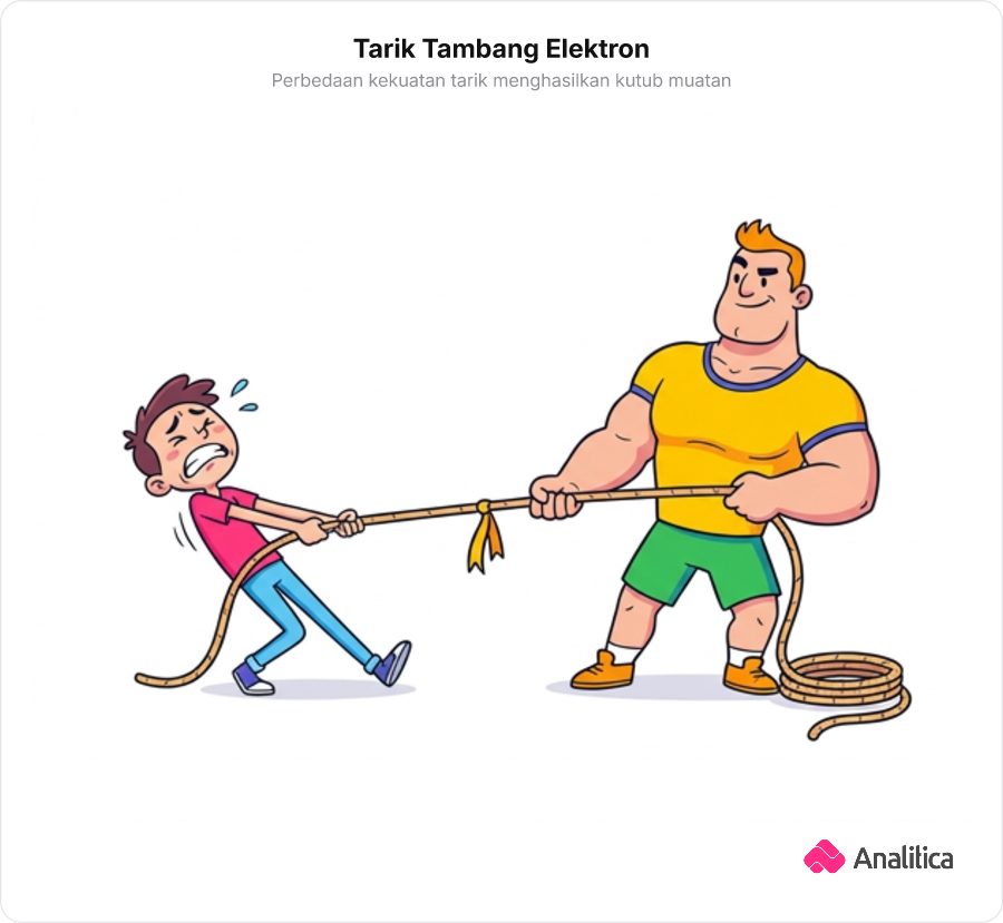 Dua karakter sedang tarik tambang, karakter besar menarik sebagian besar tali ke sisinya