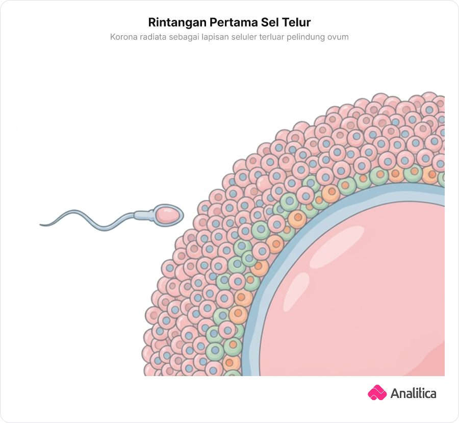 Ilustrasi sel sperma mendekati sel telur raksasa yang dikelilingi lapisan sel-sel folikel korona radiata.