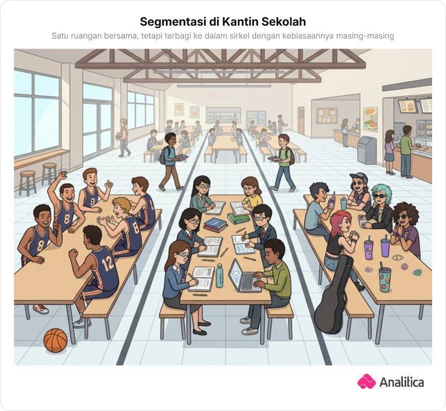 Ilustrasi pandangan atas kantin sekolah yang menunjukkan pemisahan meja antar geng siswa berbeda gaya