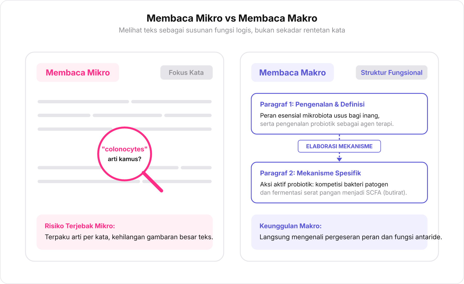 Perbandingan membaca mikro yang terpaku pada kata individual dengan membaca makro yang melihat struktur fungsi antarblok paragraf.