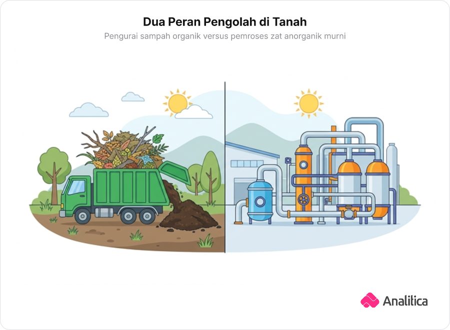 Ilustrasi perbandingan truk pengolah kompos organik di sebelah kiri dan pabrik pemroses gas kimia bersih di sebelah kanan.