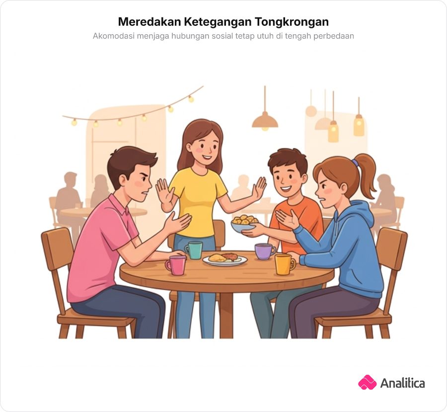 Ilustrasi suasana tongkrongan santai di kafe di mana dua teman berdebat dan teman lainnya menengahi dengan senyum ramah.