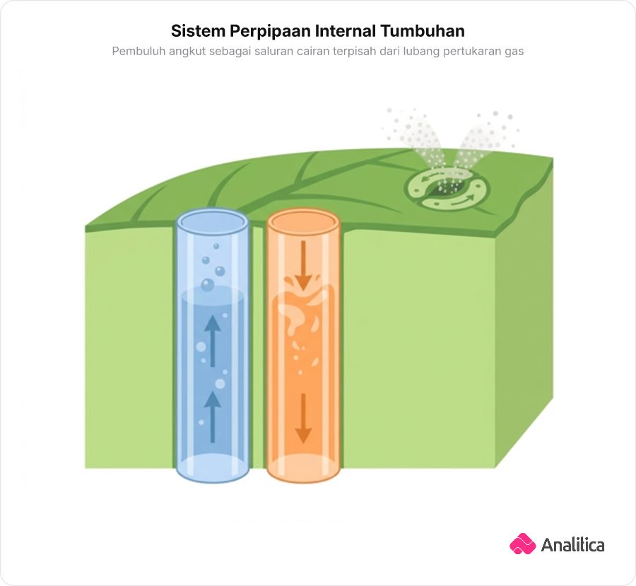 Ilustrasi penampang batang tumbuhan yang memperlihatkan jalur pipa transparan untuk cairan terpisah dari pori stomata untuk udara.