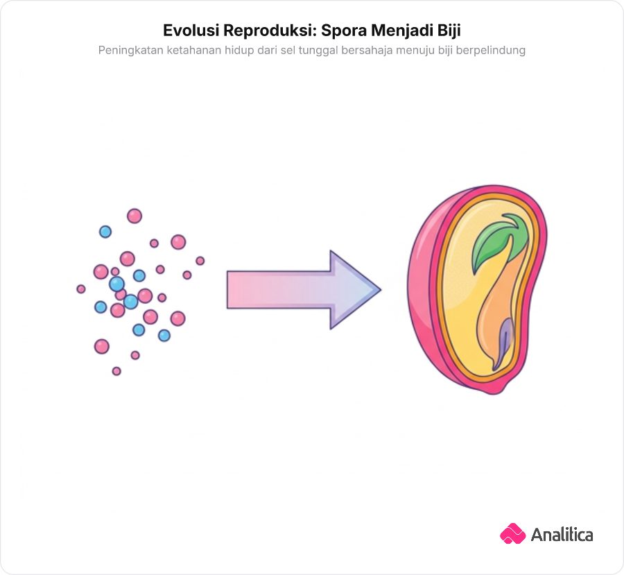 Ilustrasi transformasi evolusi dari butiran spora sederhana menjadi biji yang berdinding pelindung dengan embrio dan cadangan makanan di dalamnya.