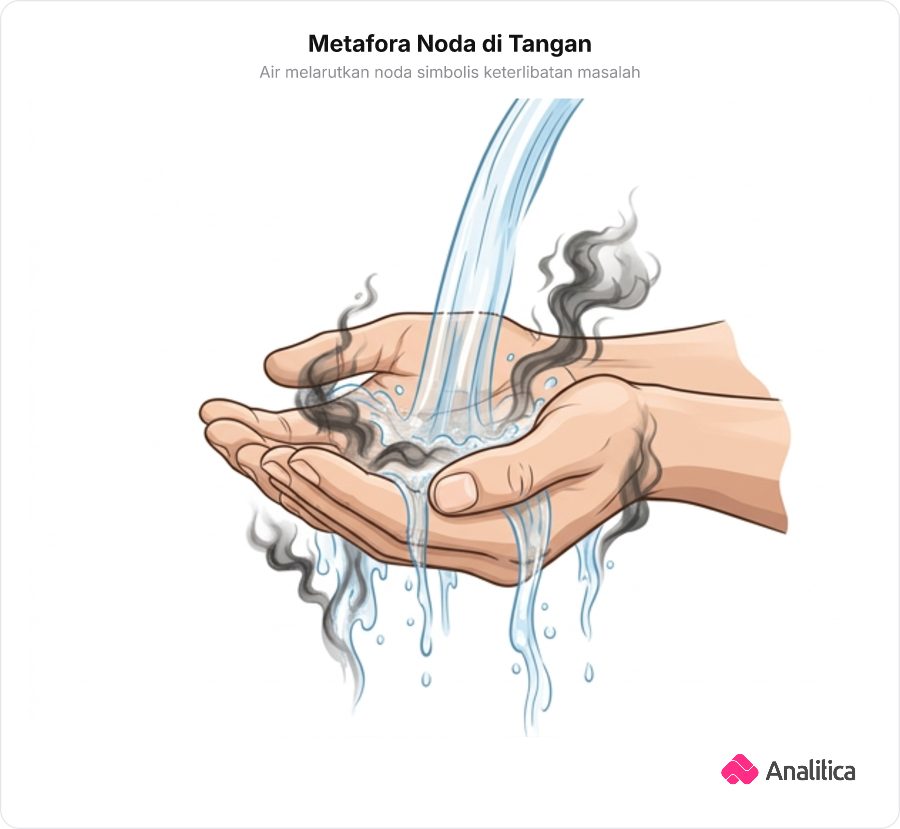 Ilustrasi metaforis sepasang tangan dicuci di bawah air mengalir yang melarutkan asap gelap simbol noda kesalahan.