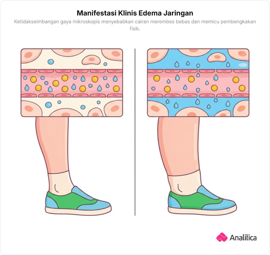 Ilustrasi perbandingan kaki normal dengan kaki yang mengalami pembengkakan edema akibat penumpukan cairan di jaringan sela sel