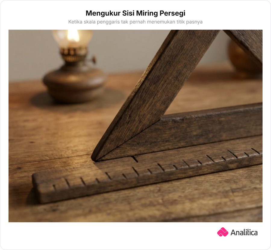 Segitiga siku-siku kayu dengan penggaris kuno di atas meja yang mengukur sisi miring yang tidak pas di garis ukur