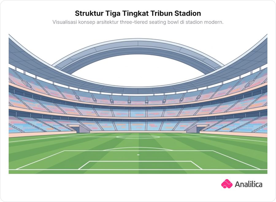Ilustrasi arsitektur tribun stadion megah yang terbagi ke dalam tiga tingkat melengkung menyerupai mangkuk tanpa teks.