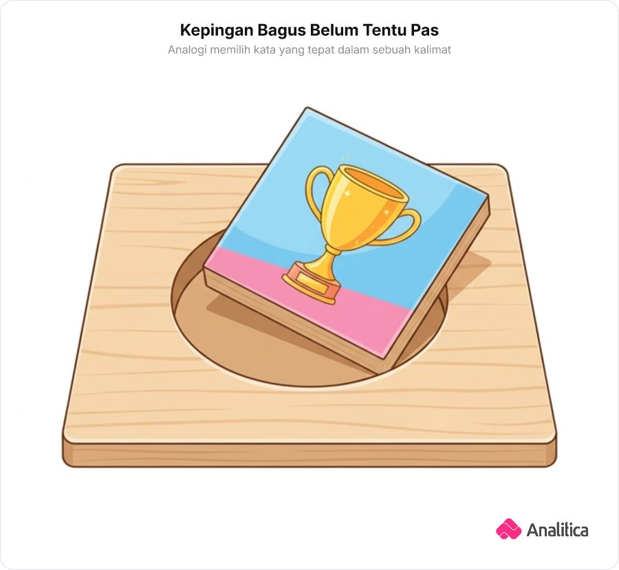 Ilustrasi kepingan puzzle berbentuk kotak dengan gambar piala yang tidak muat ke dalam lubang puzzle berbentuk lingkaran.