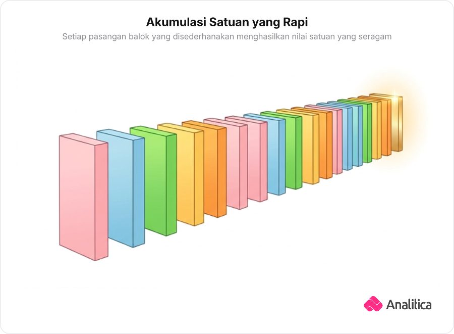 Ilustrasi barisan balok yang runtuh rapi menyisakan satuan seragam bernilai satu hingga ujung deret