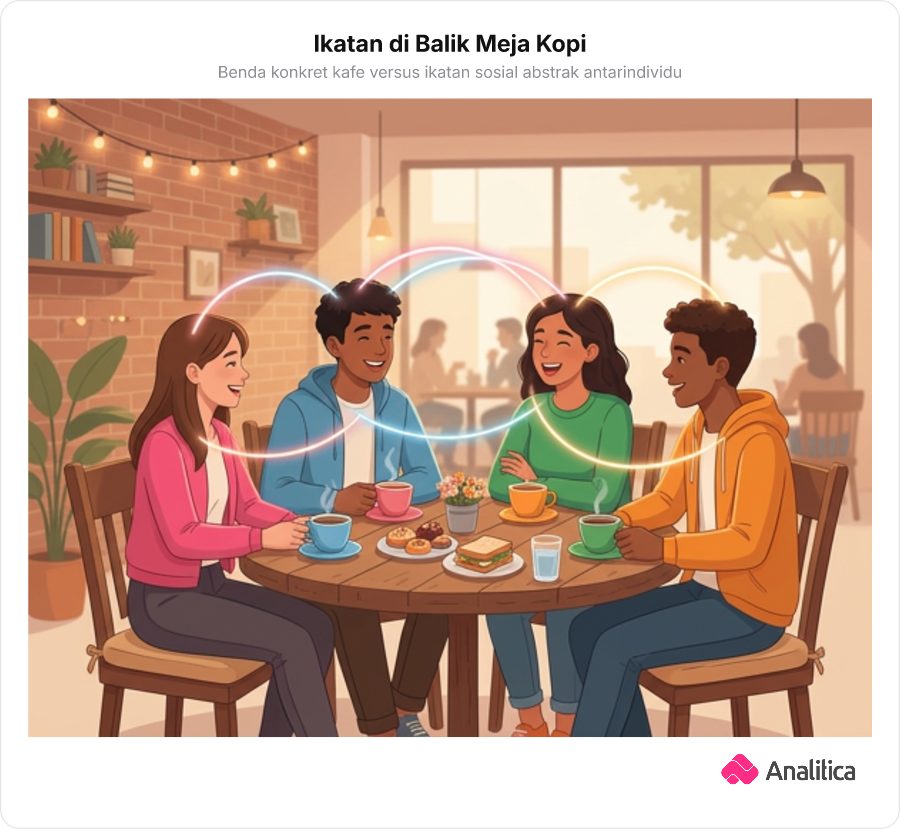 Ilustrasi sekelompok remaja mengobrol di kafe dengan garis cahaya melengkung menghubungkan mereka sebagai analogi ikatan sosial abstrak.