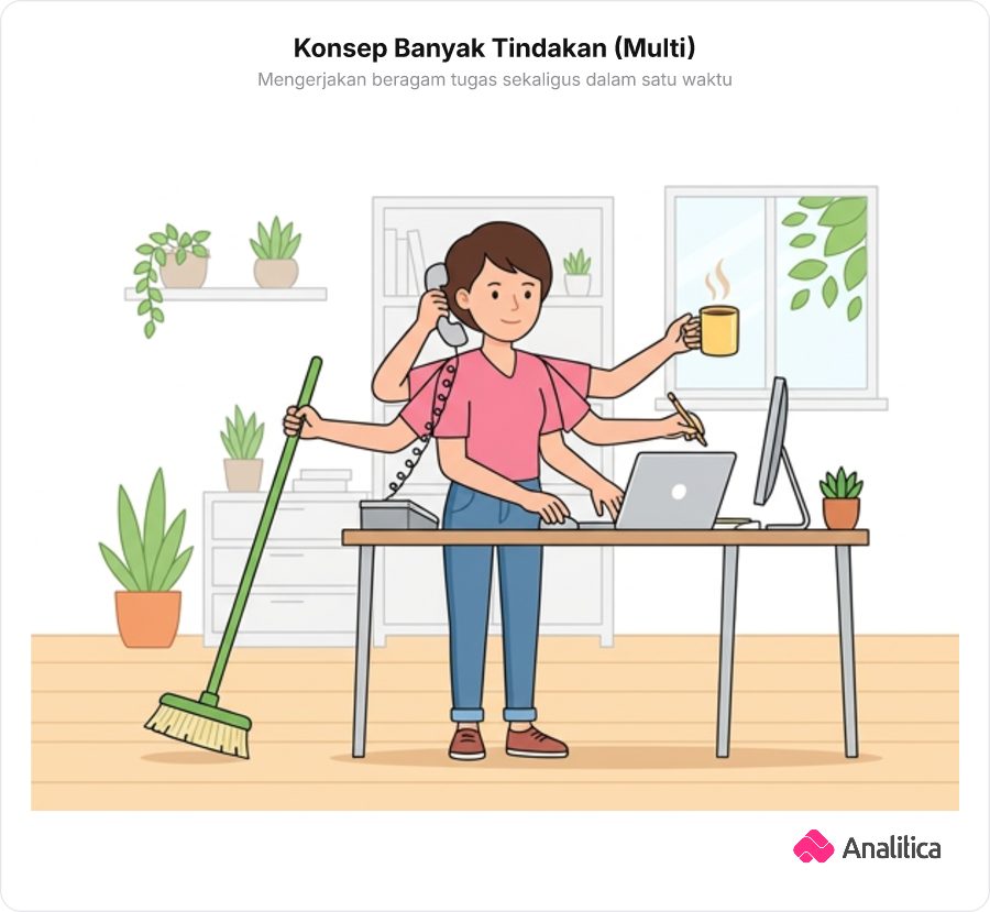 Ilustrasi seseorang dengan banyak tangan melakukan berbagai pekerjaan sekaligus