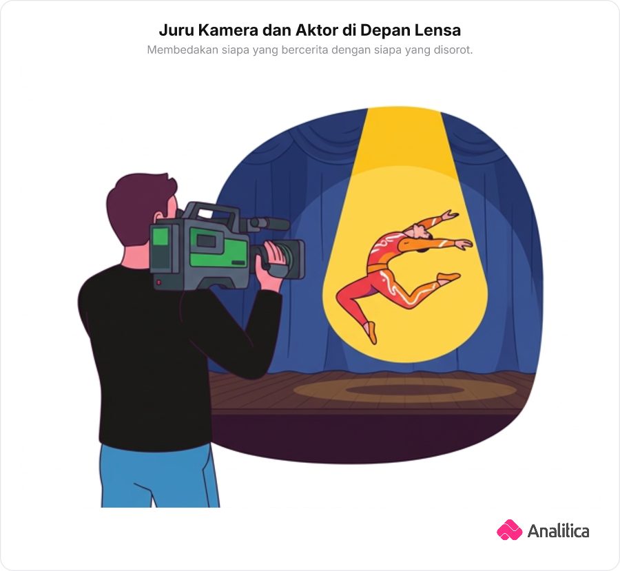 Seseorang memegang kamera video menyorot aktor di depannya yang sedang beraksi.