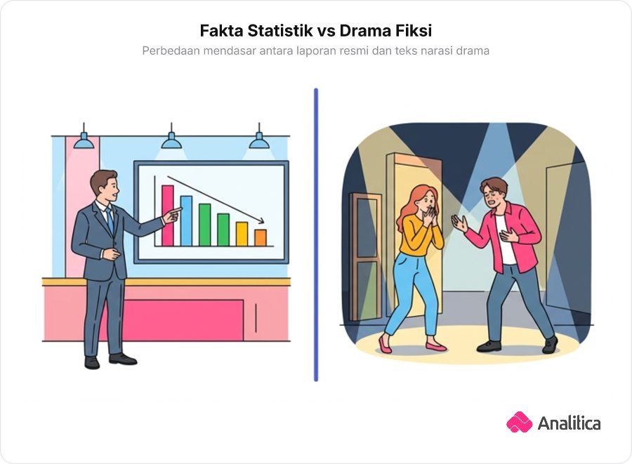Ilustrasi perbandingan dua sisi layar antara presenter berita ekonomi yang memaparkan data grafik dan adegan dramatis panggung sinetron.