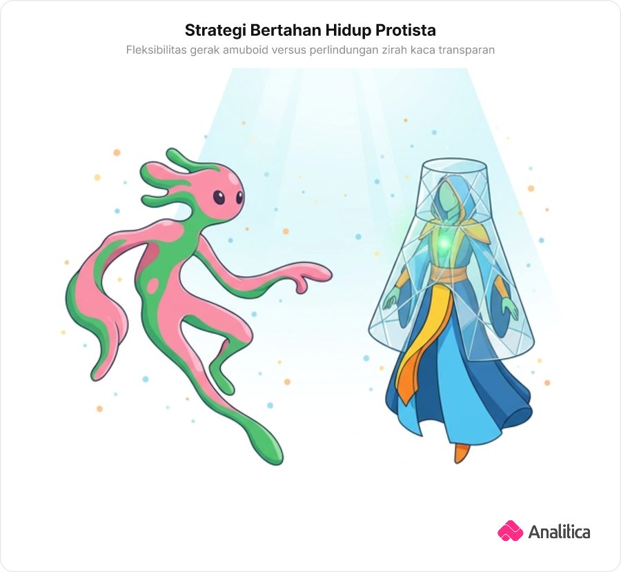 Ilustrasi analogi dua strategi bertahan hidup protista dalam wujud karakter fantasi rogue yang lentur dan mage berzirah kaca transparan.