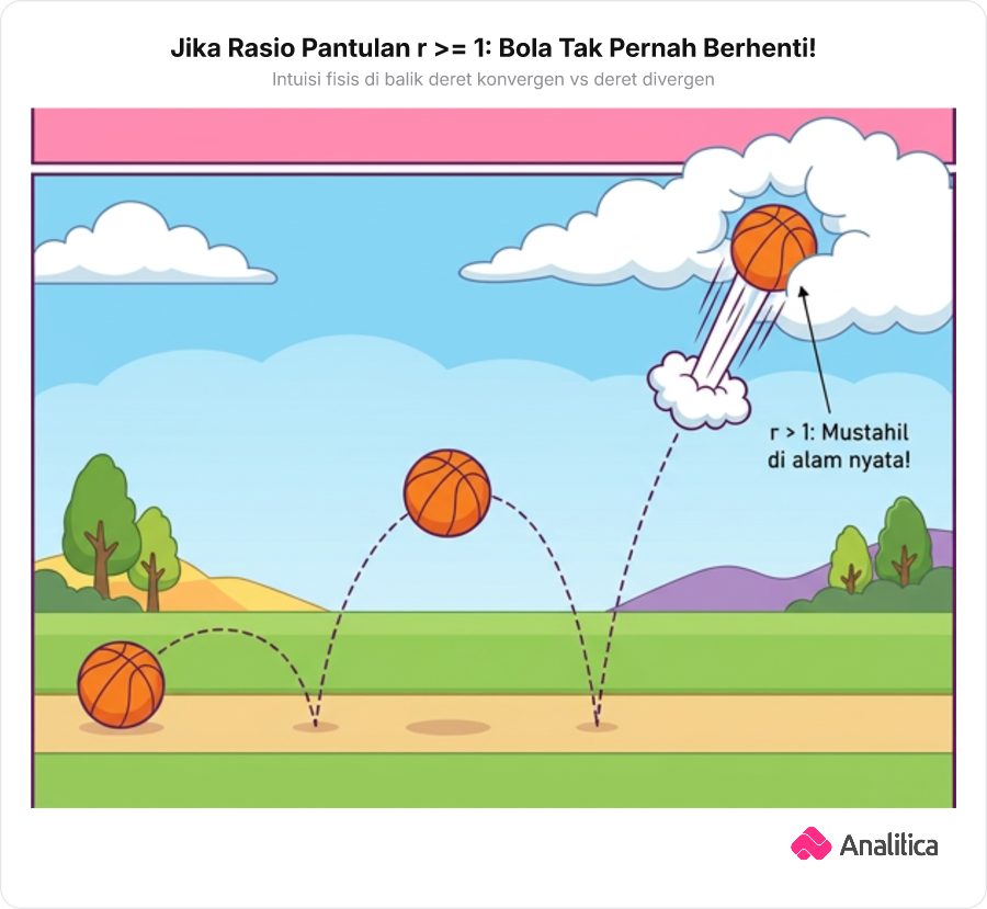 Ilustrasi kartun lucu sebuah bola yang memantul semakin lama semakin tinggi hingga meluncur menembus awan ke angkasa karena rasionya lebih dari 1.