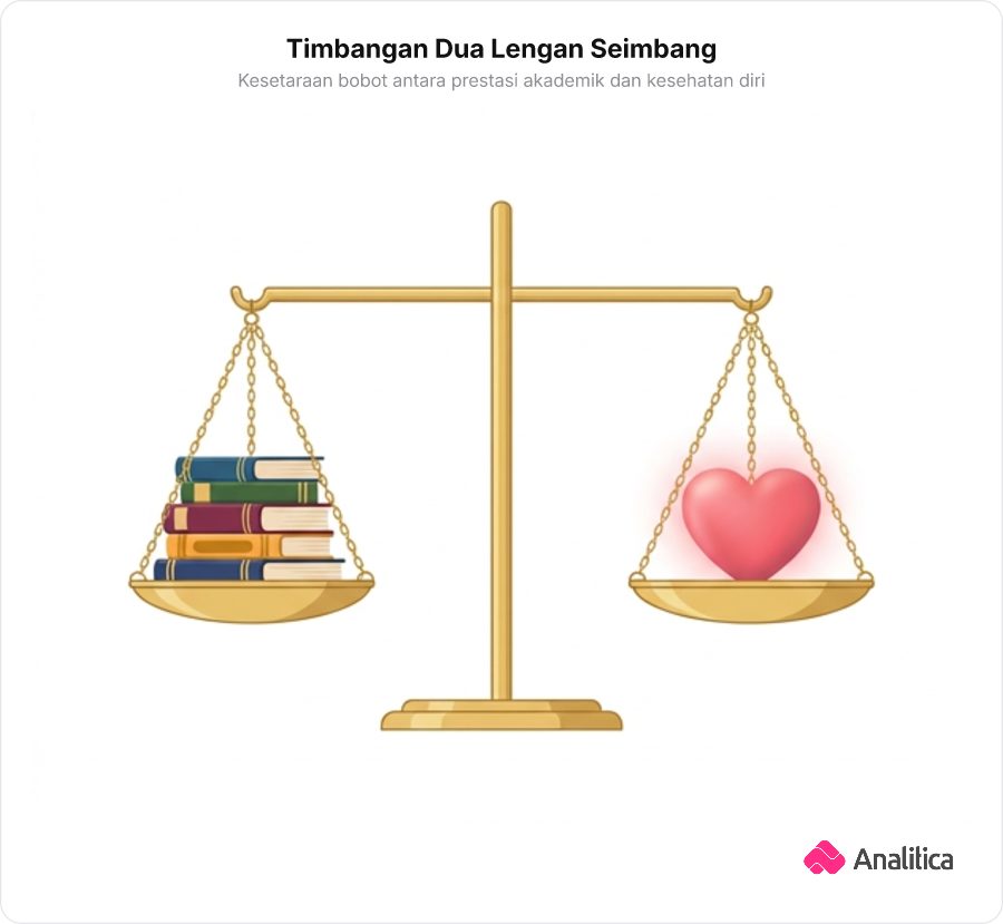 Timbangan emas dua lengan dalam posisi seimbang sempurna, dengan tumpukan buku di satu sisi dan simbol hati di sisi lain.