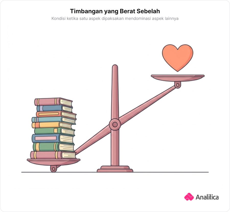Timbangan dua lengan yang sangat jomplang, piringan tumpukan buku menyentuh lantai sedangkan piringan simbol hati melayang tinggi.