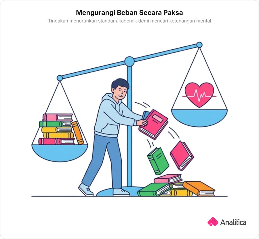 Ilustrasi seseorang sengaja membuang beberapa buku dari timbangan agar timbangan bergeser ke sisi kesehatan.