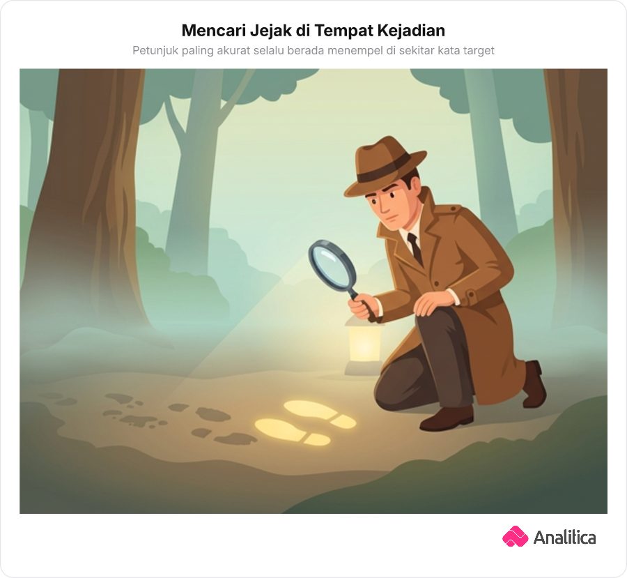 Ilustrasi seorang detektif yang memeriksa jejak bersinar di tanah menggunakan kaca pembesar.