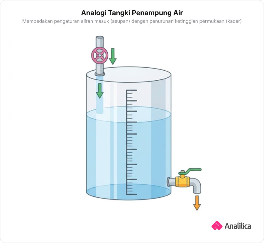 Ilustrasi tangki penampung air dengan keran masukan di atas, skala ketinggian di dinding, dan katup pembuangan di bawah.