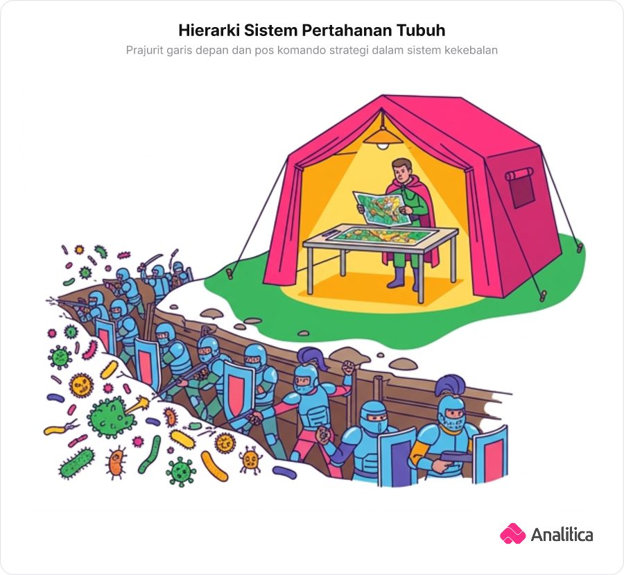 Ilustrasi hierarki sistem kekebalan tubuh: prajurit infanteri di parit garis depan melawan patogen dan komandan strategi di pos komando belakang memetakan pertempuran.