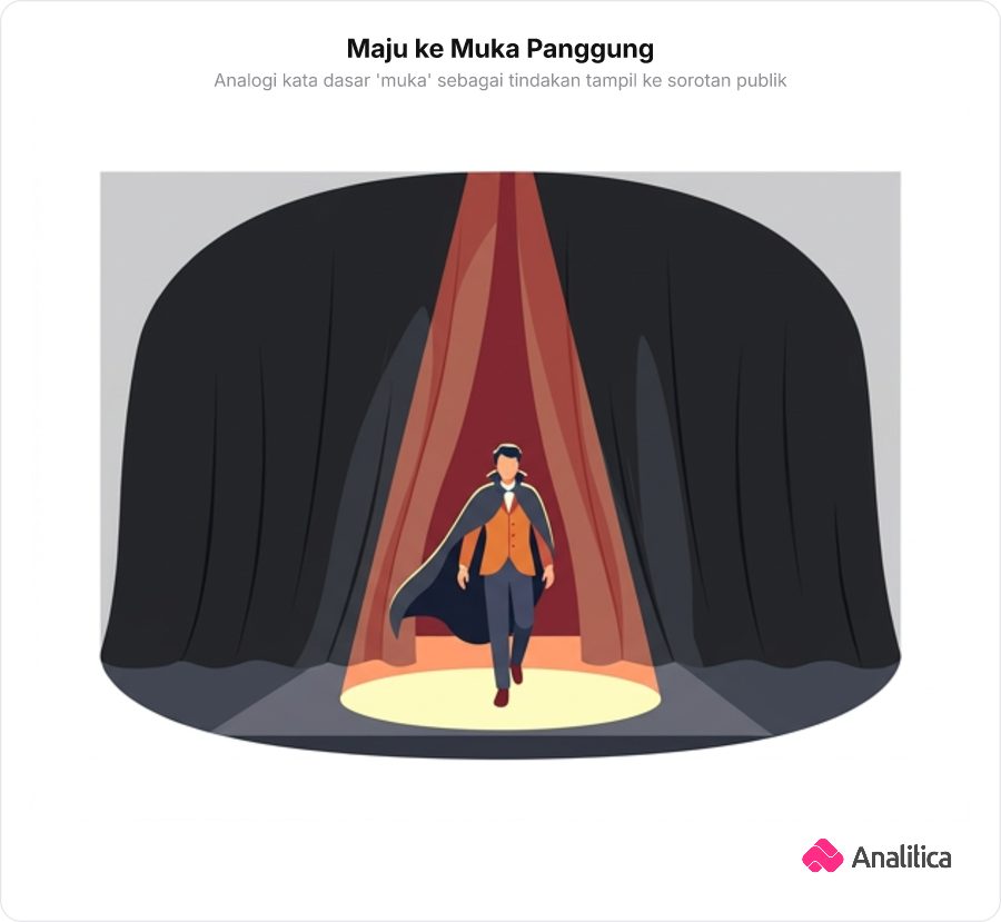Ilustrasi seorang aktor yang melangkah keluar dari bayang-bayang menuju ke muka panggung di bawah sorotan lampu teater yang terang.