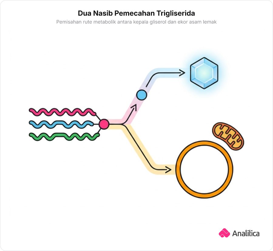 Ilustrasi terbelahnya molekul trigliserida menjadi gliserol yang menuju jalur glukosa dan rantai asam lemak yang menuju bundaran energi