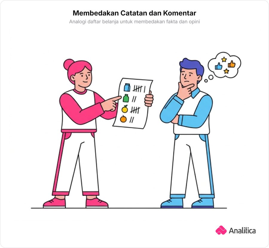 Dua orang memeriksa daftar belanja tertulis di kertas, satu orang menunjuk catatan berat belanja dan orang lainnya sedang berpikir memberikan penilaian subjektif.