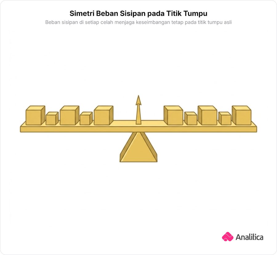Ilustrasi timbangan seimbang dengan beban asli dan beban sisipan yang diletakkan simetris
