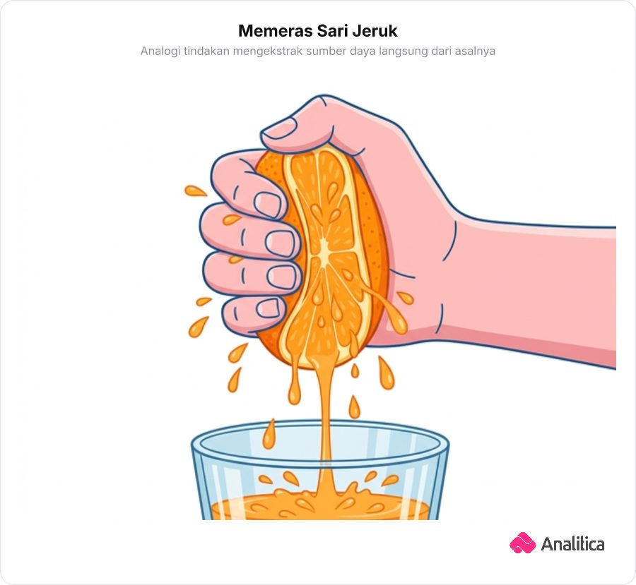 Ilustrasi tangan sedang memeras buah jeruk segar hingga mengeluarkan sari airnya ke dalam wadah.