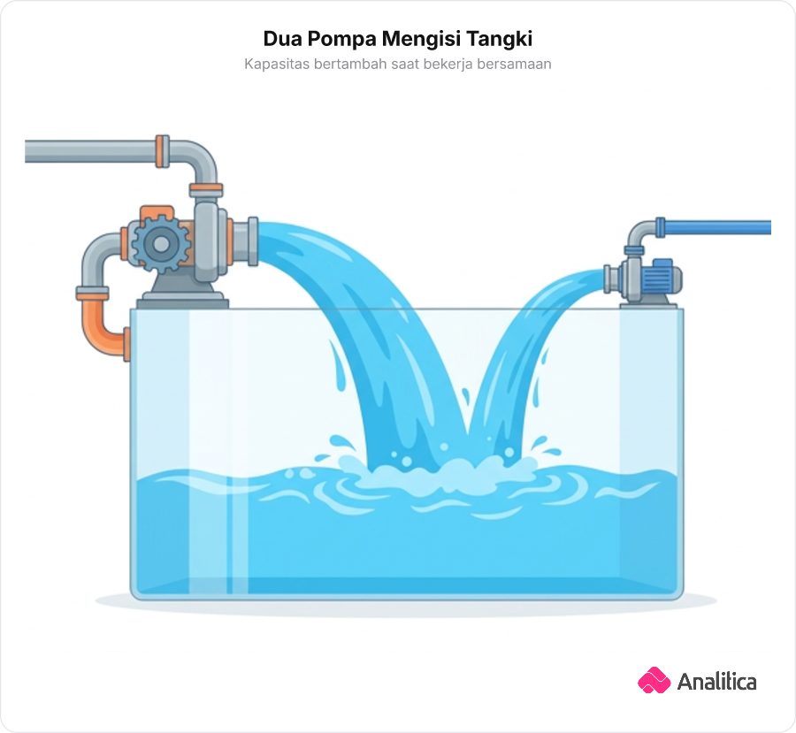 Ilustrasi dua pompa air berbeda ukuran mengalirkan air ke dalam satu tangki air bersamaan sehingga tangki terisi lebih cepat.