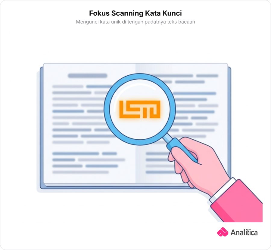 Seseorang memegang kaca pembesar terfokus pada satu kata di tengah teks yang kabur
