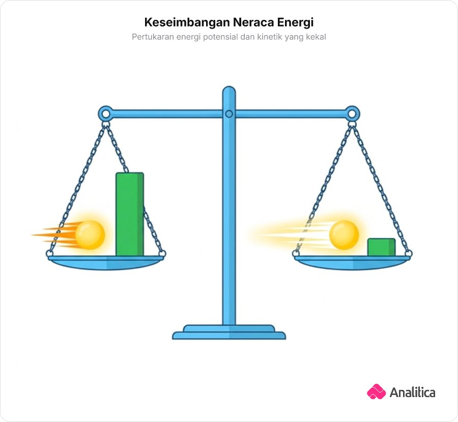 Ilustrasi neraca timbangan seimbang yang menunjukkan kesetaraan energi mekanik pada dua ketinggian berbeda.