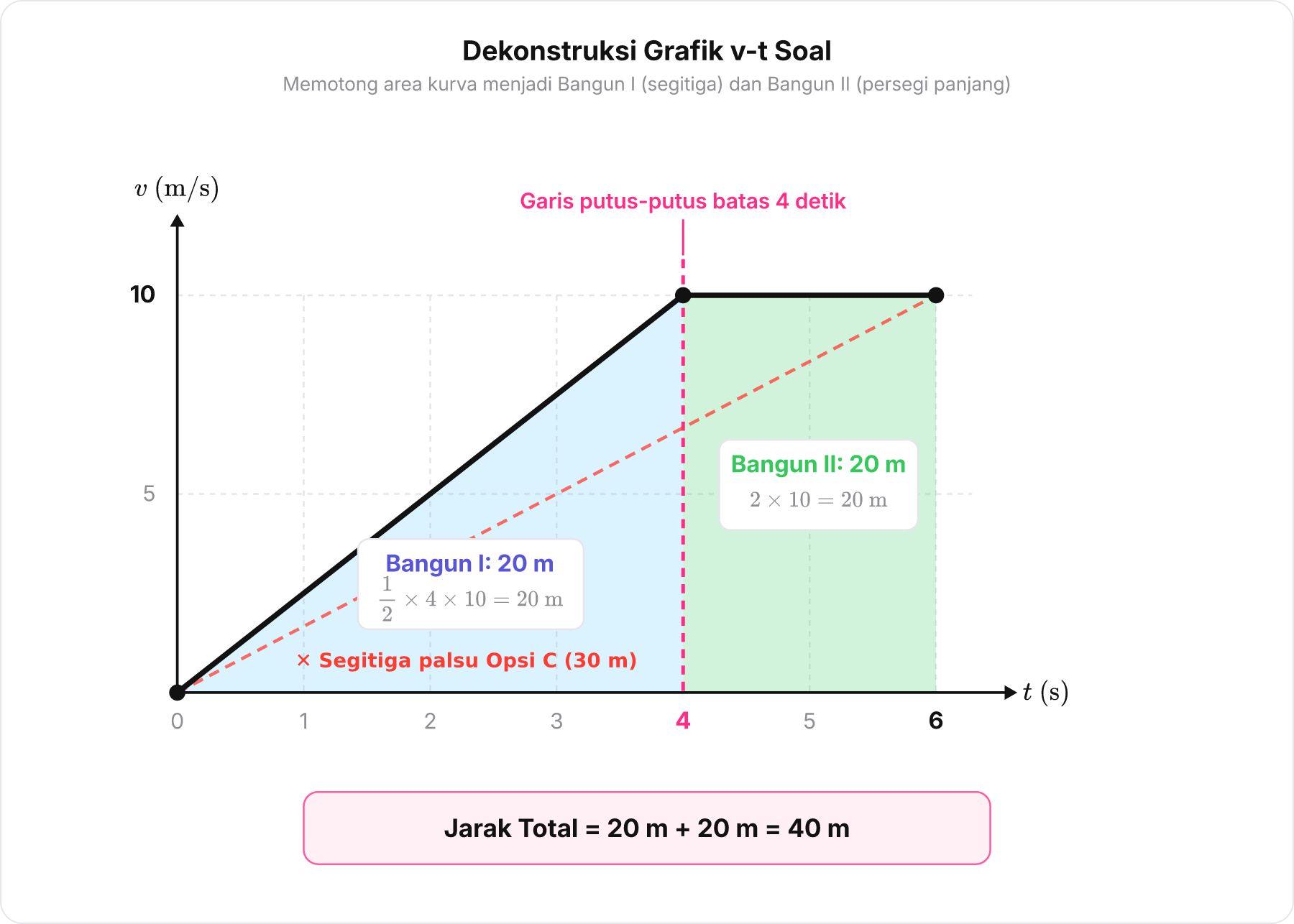 Diagram grafik kecepatan terhadap waktu yang didekonstruksi menjadi Bangun I segitiga dan Bangun II persegi panjang.