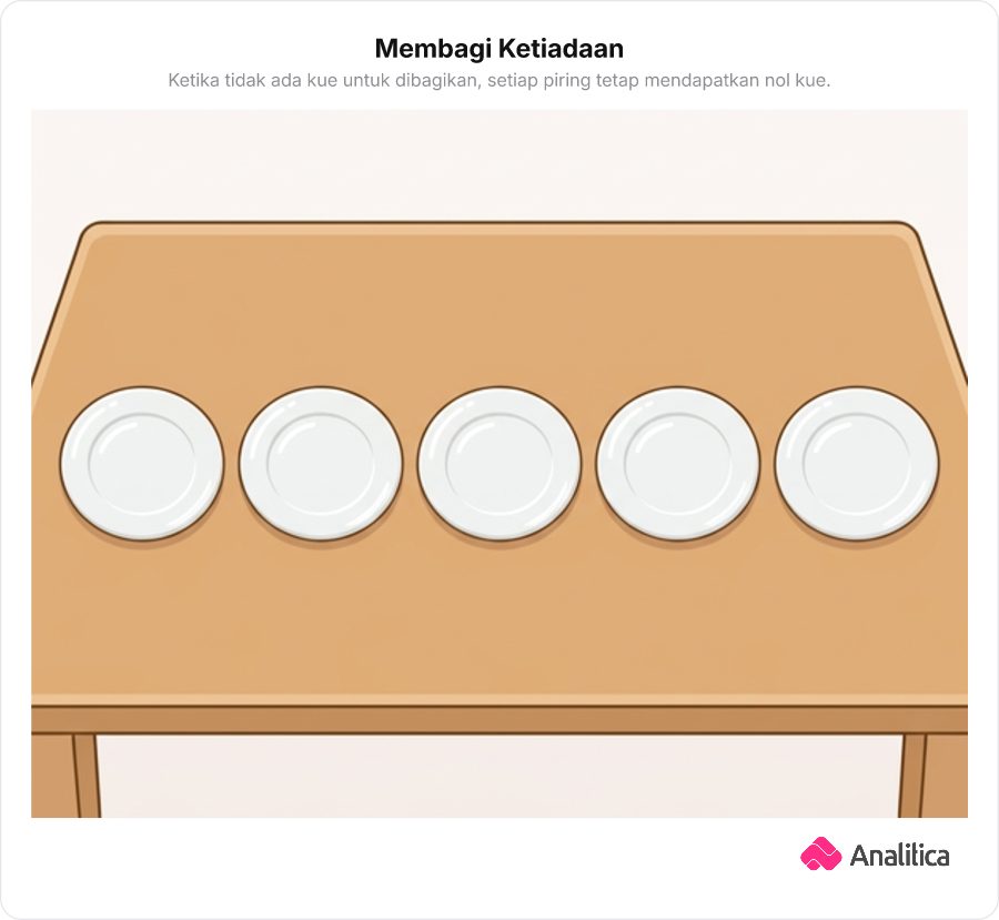 Ilustrasi beberapa piring kosong berjajar rapi di atas meja kayu tanpa ada kue di atasnya.