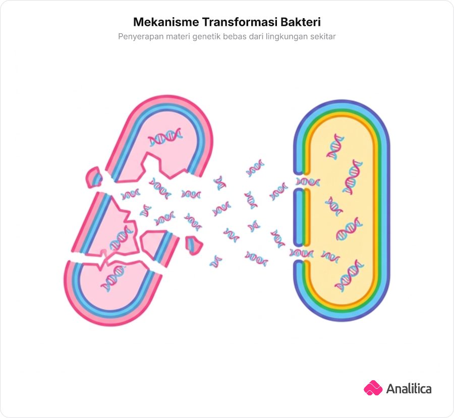 Ilustrasi bakteri menyerap serpihan DNA bebas dari bakteri lain yang hancur di sekitarnya