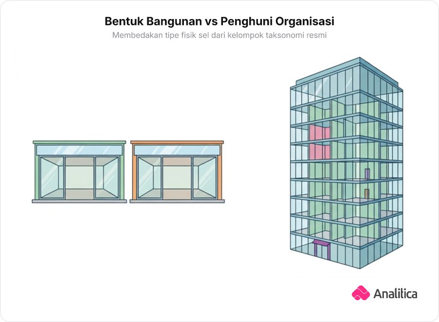 Analogi arsitektur bangunan: ruko sederhana satu ruangan tanpa sekat di sebelah kiri dan gedung pencakar langit modern bertingkat dengan banyak sekat ruangan di sebelah kanan.
