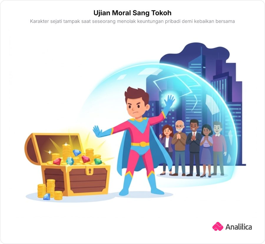 Ilustrasi seorang pahlawan super muda menolak peti emas bercahaya dan melindungi warga kota dengan tameng.