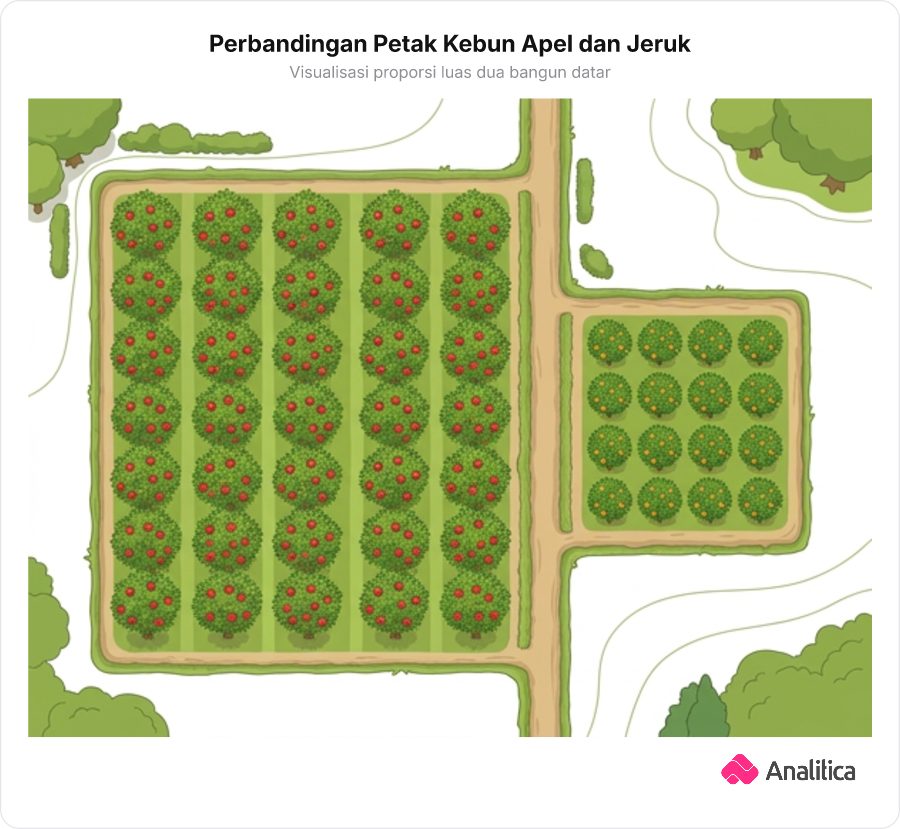 Ilustrasi sudut pandang atas dua petak kebun hijau, satu persegi panjang besar kebun apel dan satu persegi kecil kebun jeruk yang luasnya seperempat dari kebun besar.