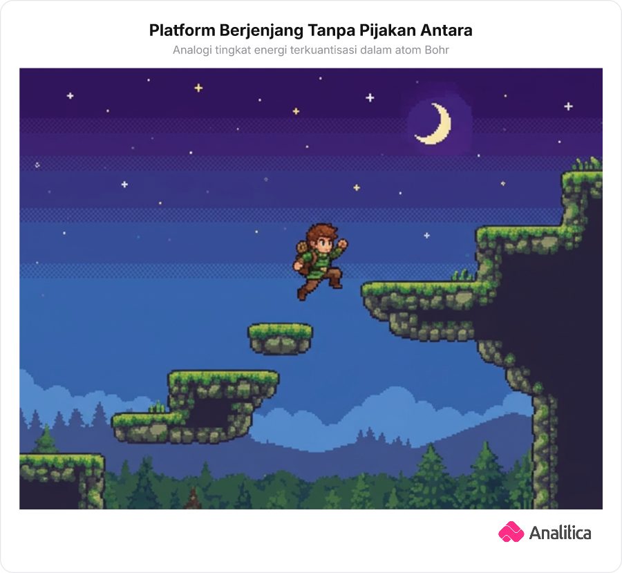 Ilustrasi pixel art karakter retro game melompat di antara platform berjenjang tanpa pijakan di antaranya.