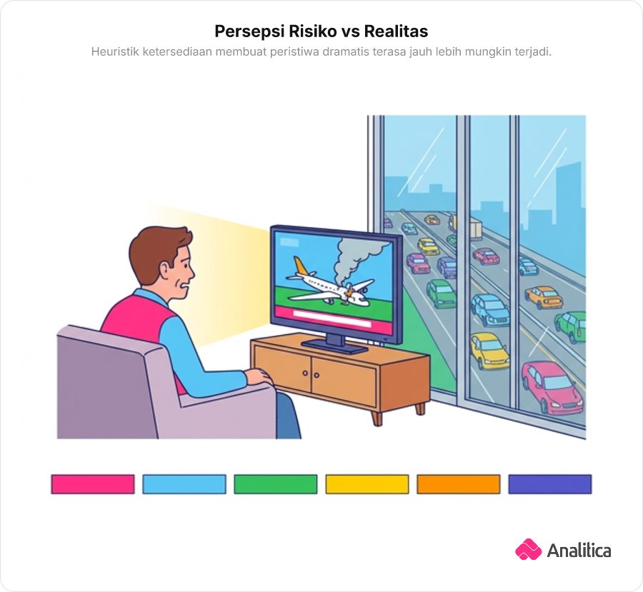 Seseorang cemas menonton berita kecelakaan pesawat di TV, kontras dengan mobil lalu-lalang di luar jendelanya