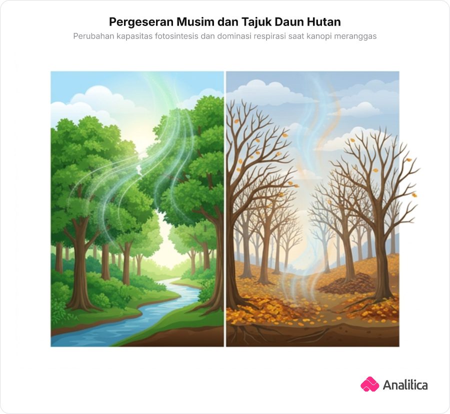Ilustrasi perbandingan dua kondisi kanopi hutan antara musim semi lebat hijau dengan musim gugur meranggas yang mempengaruhi siklus karbon.